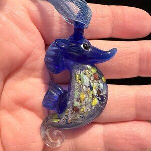 Sea Horse Art glass pendant necklace brilliant blue ribbon chain